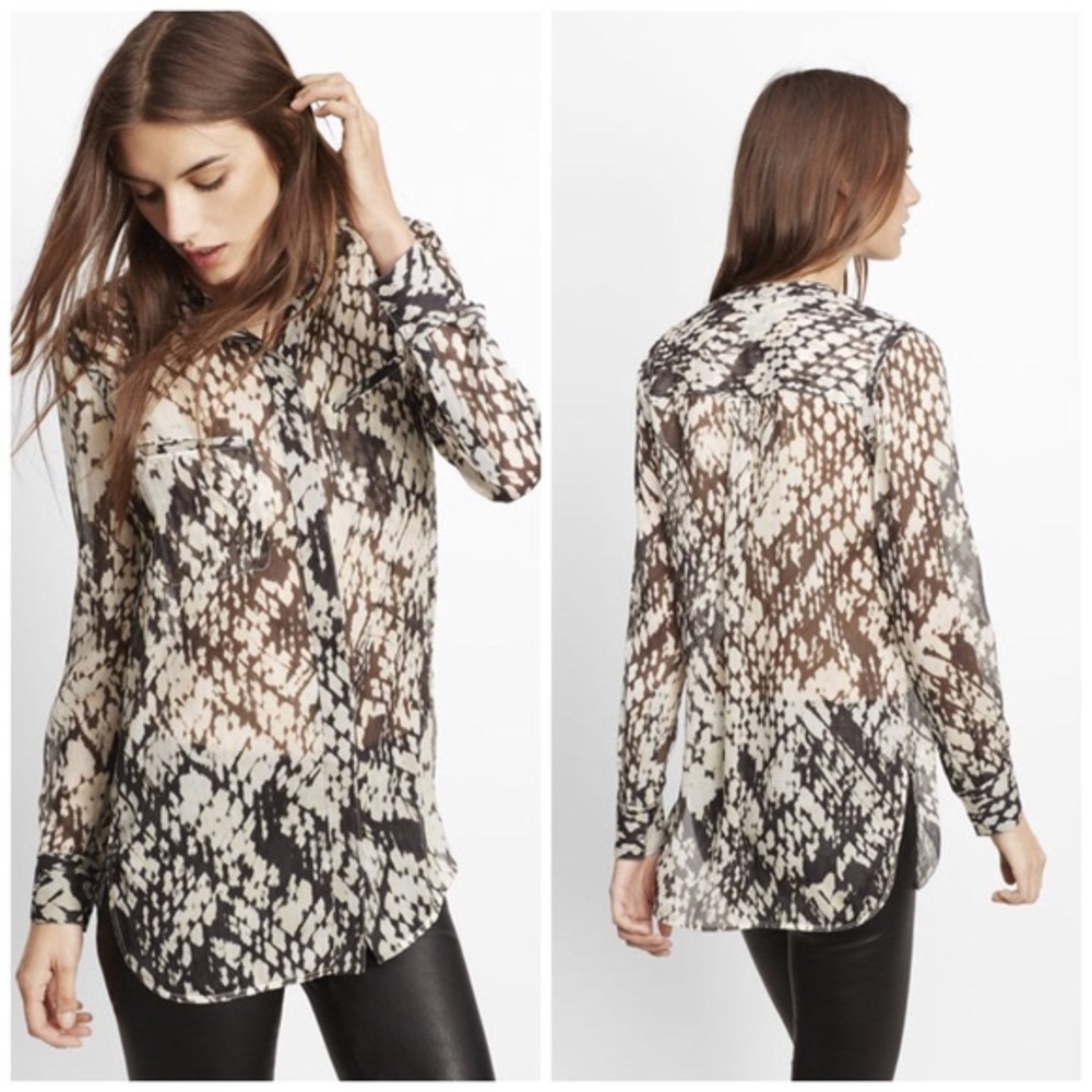 Vince Basketweave Printed Silk Button Down Blouse